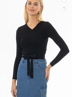 Black Wrap Tie-Front Long Sleeve Top
